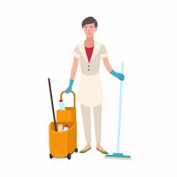 Smiling woman dressed in uniform holding floor mop and bucket cart. Female home cleaner, cleaning or housekeeping service worker isolated on white background. Flat cartoon vector illustration